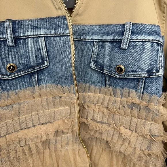 NWT Mesh Layer Bomber Jacket Denim and Tan Ruffle Jacket - Picture 4 of 13